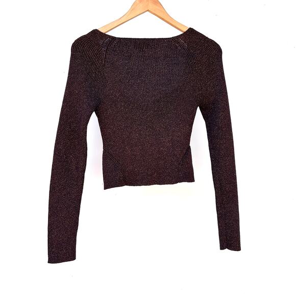 STAUD Cerro Knit Metallic Top Bustier Long Sleeve Bronze Small Cropped Shirt - Picture 4 of 8